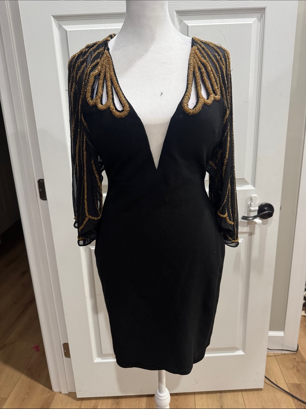 Jovani Black Sheath Dress with Gold Beaded Sleeves